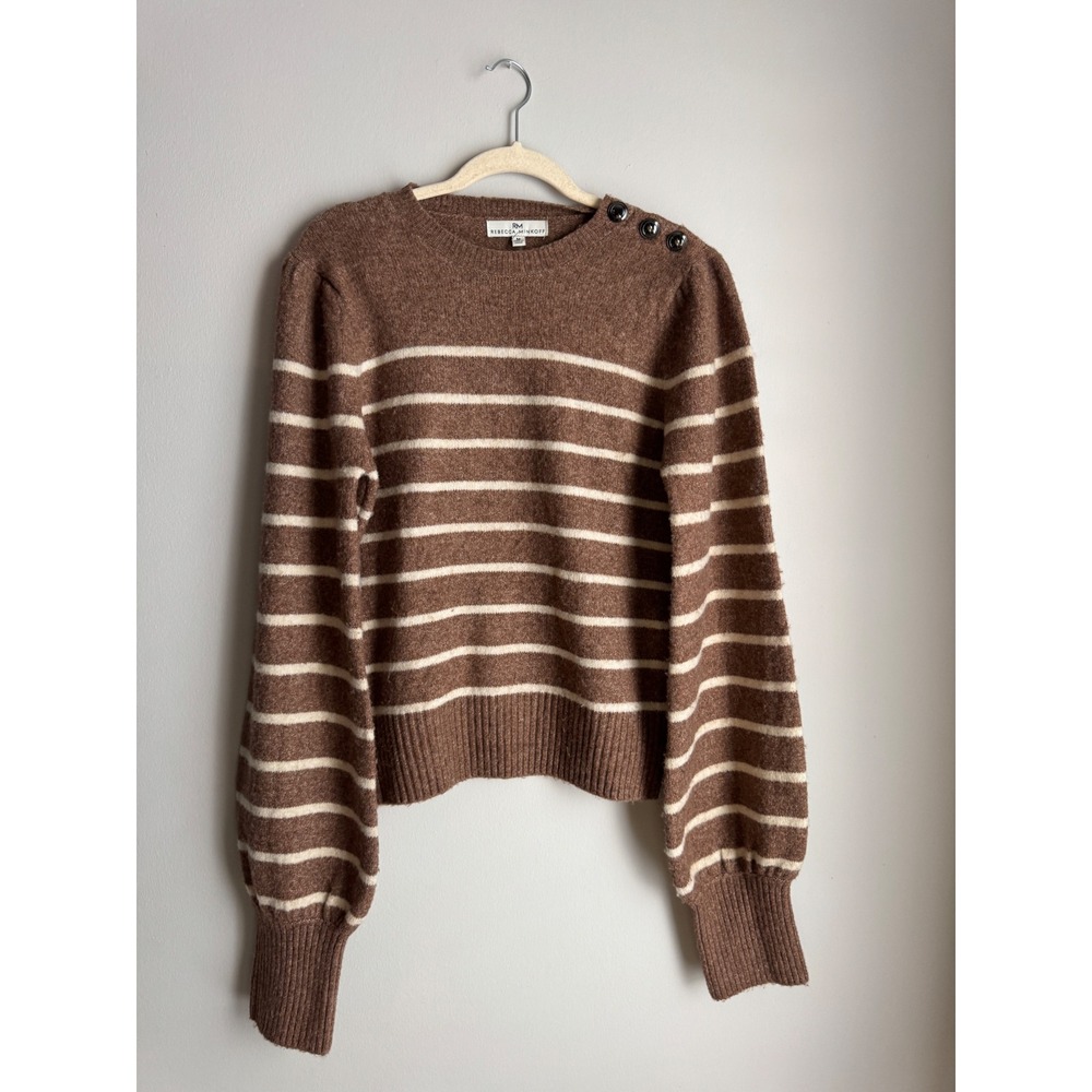 Rebecca Minkoff Brown Striped Puff Sleeve Button Shoulder Sweater Medium